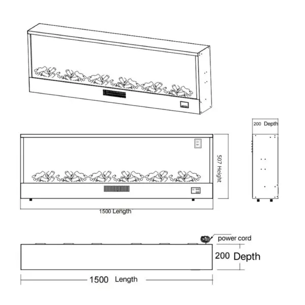 Built-in Or Freestanding Electric Fireplace Model Vulture. Indoor Fireplace 1.5 Meters Long Led Flame Effect Adjustable On 6 Levels. Power 750-1500w Manual Controls And Remote Control Included. Made Of Cold-rolled Panels. - Image 9