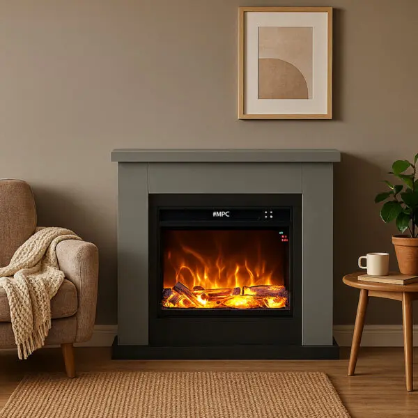 Floor Fireplace Composed Of Gray Color Frame And Black Electric Burner 1500w Real Led Flame Effect. Modern Design With Clean Geometric Lines. Made Of High Quality Mdf Wood Easy To Place Or Move. With Remote Control - Image 4
