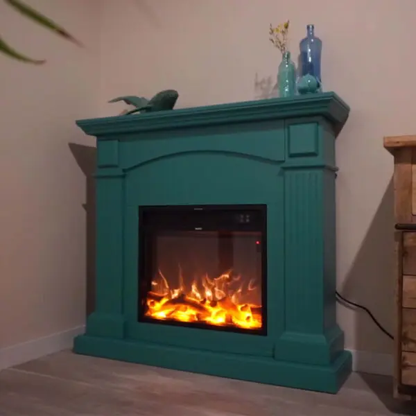 Floor And Wall Fireplace Composed Of Turquoise Color Frame And Black Electric Burner 1500w With Real Led Flame Effect. Fireplace Design Complete With Remote Control. Made Of High Quality Mdf Wood Easy To Place Or Move. - Image 4