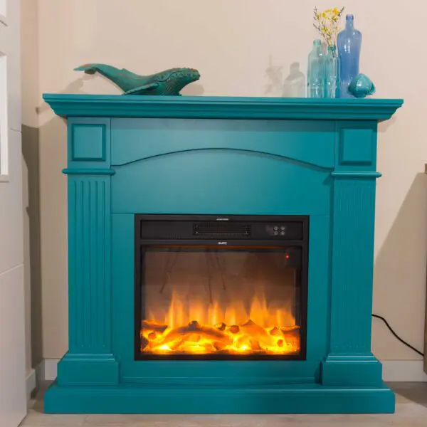 Floor And Wall Fireplace Composed Of Turquoise Color Frame And Black Electric Burner 1500w With Real Led Flame Effect. Fireplace Design Complete With Remote Control. Made Of High Quality Mdf Wood Easy To Place Or Move. - Image 11