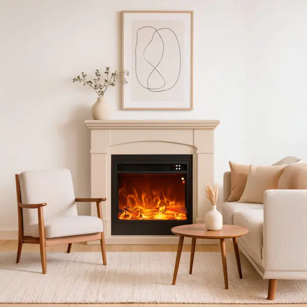 Floor And Wall Fireplace Composed Of Beige Color Frame And Black Electric Burner 1500w With Real Led Flame Effect. Fireplace Design Complete With Remote Control. Made Of High Quality Mdf Wood Easy To Place Or Move. - Image 4