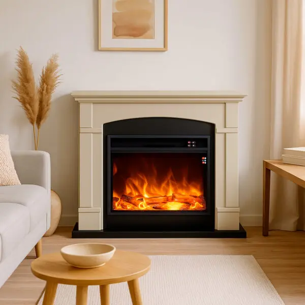 Floor And Wall Fireplace Composed Of Beige Color Frame And Black Electric Burner 1500w With Real Led Flame Effect. Fireplace Design Complete With Remote Control. Made Of High Quality Mdf Wood Easy To Place Or Move. - Image 5