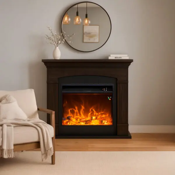 Floor And Wall Fireplace Composed Of Wenge Color Frame And Black Electric Burner 1500w With Real Led Flame Effect. Fireplace Design Complete With Remote Control. Made Of High Quality Mdf Wood Easy To Place Or Move. - Image 4