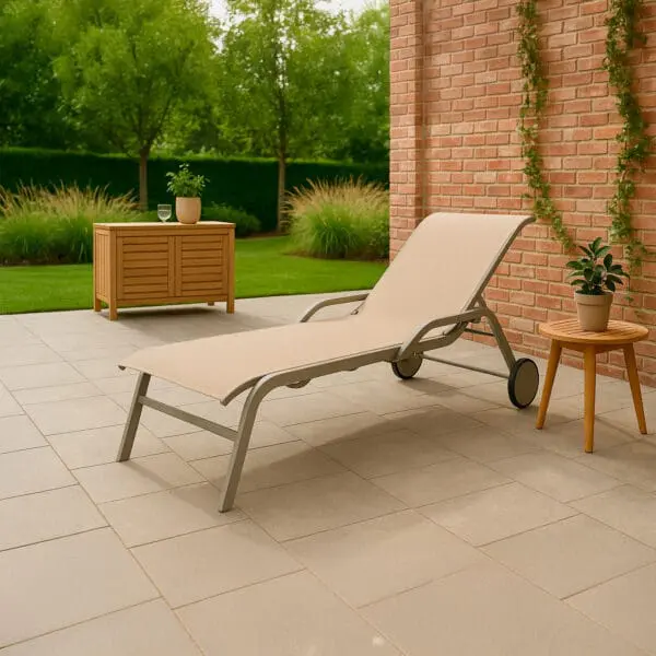 Elegance and comfort unite in the Arturo chaise lounge by Sined, crafted from durable aluminum with wheels for easy mobility. The cream fabric and modern lines ensure lasting style, making it the perfect addition to enhance any space. - Image 2