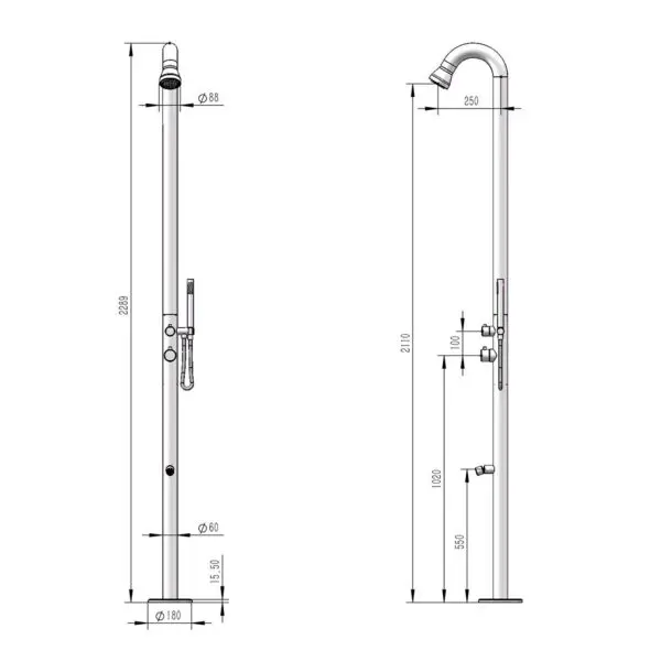Sined Bosa Outdoor and Indoor Shower in 316L Stainless Steel. 316L faucets. 6 cm diameter. Overhead and Diverter Shower with Hand Shower and Foot Wash. Hot and cold water connections through the floor. Height 229 cm. - Image 9