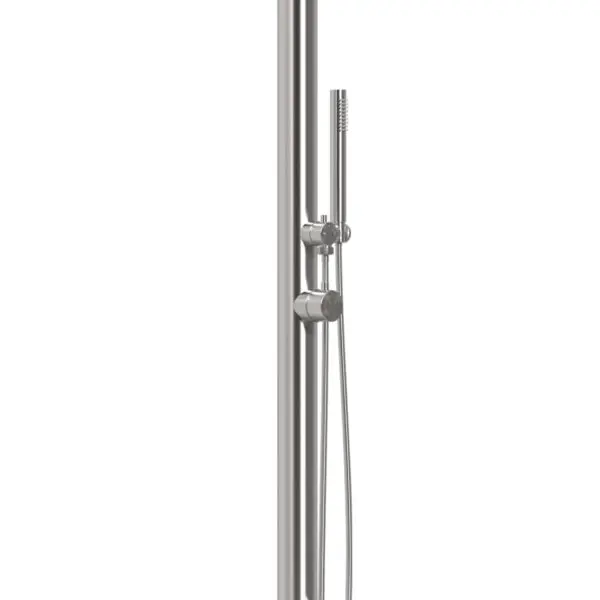 Sined Bosa Outdoor and Indoor Shower in 316L Stainless Steel. 316L faucets. 6 cm diameter. Overhead and Diverter Shower with Hand Shower and Foot Wash. Hot and cold water connections through the floor. Height 229 cm. - Image 2