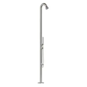 Sined Bosa Outdoor and Indoor Shower in 316L Stainless Steel. 316L faucets. 6 cm diameter. Overhead and Diverter Shower with Hand Shower and Foot Wash. Hot and cold water connections through the floor. Height 229 cm.