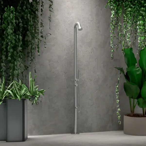 Sined Bosa Outdoor and Indoor Shower in 316L Stainless Steel. 316L faucets. 6 cm diameter. Overhead and Diverter Shower with Hand Shower and Foot Wash. Hot and cold water connections through the floor. Height 229 cm. - Image 10