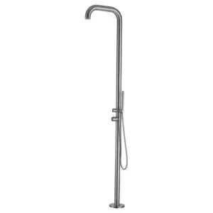 Outdoor Shower Chia Sined In Satin Stainless Steel Shower With Mixer And Hand Shower Structure And Accessories In Stainless Steel Aisi 316l Drum Diameter 6 Cm Shower With Hot And Cold Water Inlet Concealed Connections In The Base h 2300 Mm