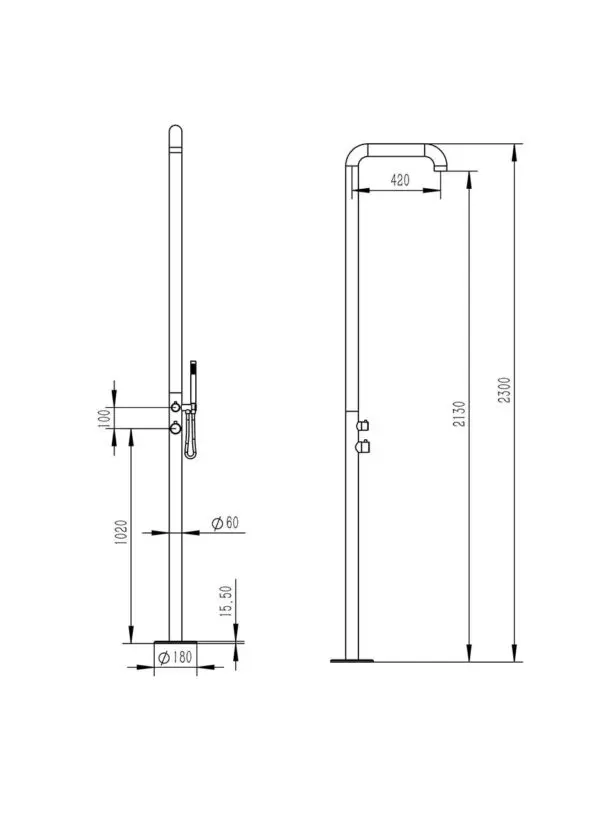 316l Nautical Stainless Steel Shower Sined Chia Gold. Mixer And Hand Shower, Structure And Accessories In Aisi 316l, Drum Diameter 6 Cm, Hotcold Water, Integrated Connections, Height 2300 Mm. Ideal For Outdoor And Indoor, Also For Marine And Spa Environm - Image 6