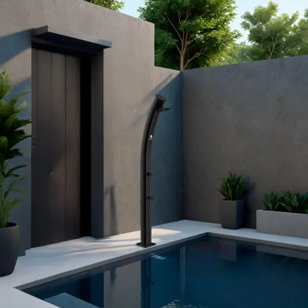 Dafne Black Ecological Solar Shower With 20 Cm Round Shower Head, Mixer And Foot Shower Tap. Shower With Curved Aluminium Structure For Outdoor Use, 35 Litre Tank, 226 Cm High. Suitable For Swimming Pool, Garden, Beb, Hotels, Campings. - Image 11