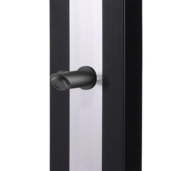 Shower Solar Heating Black Aluminum Model Ella With Central Inox Band. Ecological Shower For Outdoor Use With a Large Tank Of 40 Liters, 224 Cm High, Equipped With Mixer, Large Square Shower Head And Useful Foot Wash Tap. - Image 3