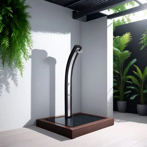 Shower Solar Heating Black Aluminum Model Ella With Central Inox Band. Ecological Shower For Outdoor Use With a Large Tank Of 40 Liters, 224 Cm High, Equipped With Mixer, Large Square Shower Head And Useful Foot Wash Tap. - Image 10