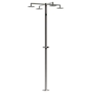 Sined Hydra: 316l Stainless Steel Outdoor Shower, 4 Shower Heads For Collective Use. Functional design for swimming pools and public spaces. Cold water only, water outlet with timer. Corrosion resistant.