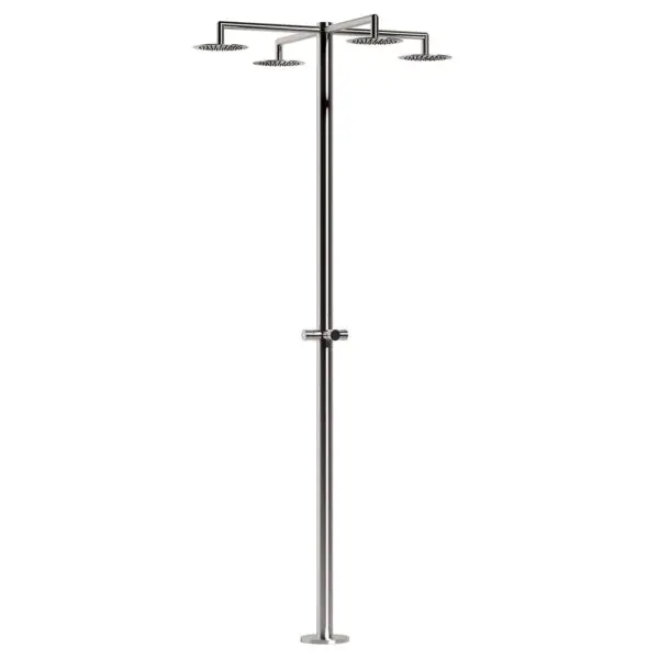 Sined Hydra: 316l Stainless Steel Outdoor Shower, 4 Shower Heads For Collective Use. Functional design for swimming pools and public spaces. Cold water only, water outlet with timer. Corrosion resistant.