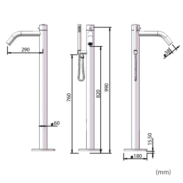 Black Freestanding Bathtub Faucet With Movable Hand Shower. Shower Column With Black Faucet For Freestanding Bathtub Sined Shower With Hot And Cold Water Inlet In Excellent Quality 316l Stainless Steel Also Suitable For Outdoor Use - Image 6