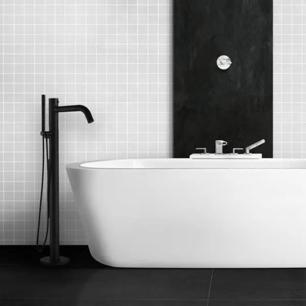 Black Freestanding Bathtub Faucet With Movable Hand Shower. Shower Column With Black Faucet For Freestanding Bathtub Sined Shower With Hot And Cold Water Inlet In Excellent Quality 316l Stainless Steel Also Suitable For Outdoor Use - Image 3