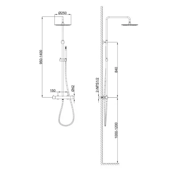 Levante Wall Shower In 316l Stainless Steel. Rose Gold. For Exterior and Interior use. Hot and Cold Water Inlet. Double Mixer for Overhead Shower and Hand Shower. Wall installation for indoor and outdoor use. 25 cm overhead shower. PVD finish. - Image 2
