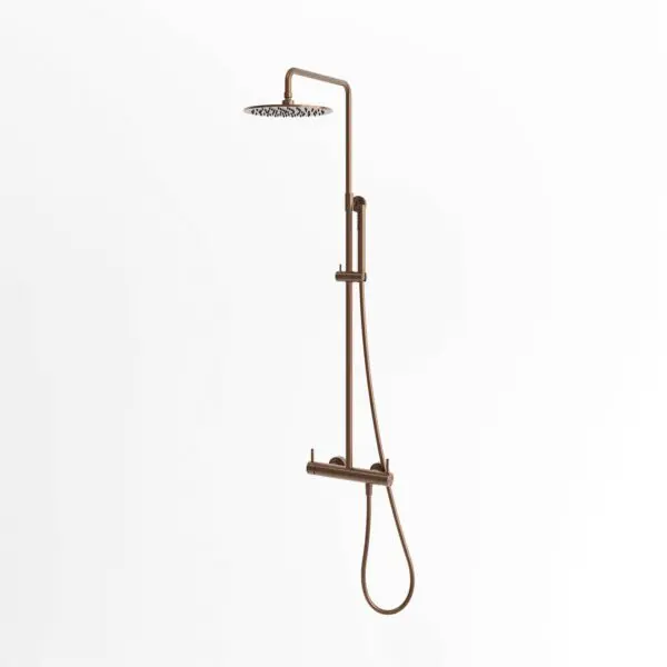Levante Wall Shower In 316l Stainless Steel. Rose Gold. For Exterior and Interior use. Hot and Cold Water Inlet. Double Mixer for Overhead Shower and Hand Shower. Wall installation for indoor and outdoor use. 25 cm overhead shower. PVD finish.