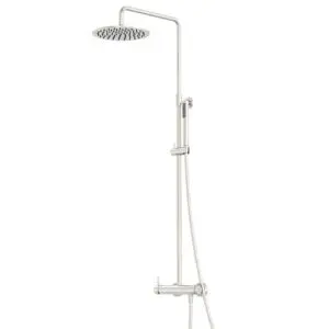 SINED Levante Wall Shower In 316l Stainless Steel. For Outdoor and Indoor. Shower With Hot and Cold Water Inlet. Thermostatic Mixer. Overhead Shower and Hand Shower. Wall installation for indoor and outdoor use. 25 cm shower head.
