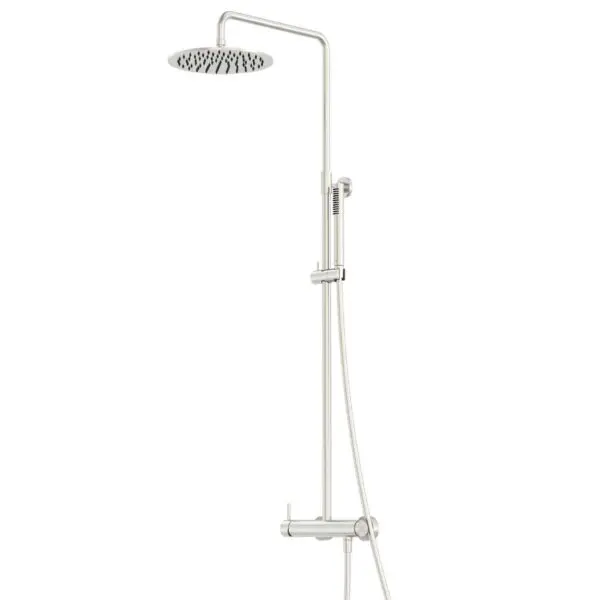 SINED Levante Wall Shower In 316l Stainless Steel. For Outdoor and Indoor. Shower With Hot and Cold Water Inlet. Thermostatic Mixer. Overhead Shower and Hand Shower. Wall installation for indoor and outdoor use. 25 cm shower head.