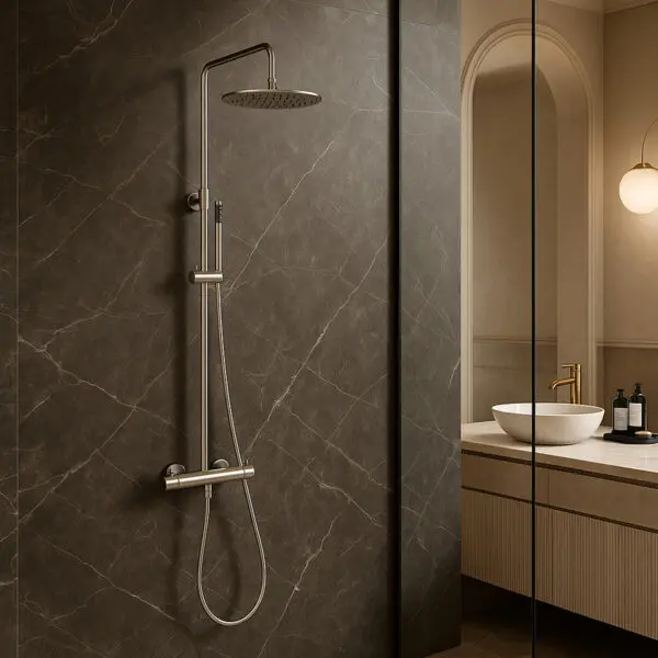 SINED Levante Wall Shower In 316l Stainless Steel. For Outdoor and Indoor. Shower With Hot and Cold Water Inlet. Thermostatic Mixer. Overhead Shower and Hand Shower. Wall installation for indoor and outdoor use. 25 cm shower head. - Image 3