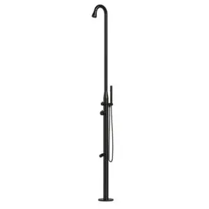Outdoor Shower Sined Stintino Structure And Taps In Stainless Steel Aisi 316l, Marine. Matt Black Shower With Hot And Cold Water Inlet With Diverter For Swivel Shower Head Foot Wash And Hand Shower With Flexible Hose