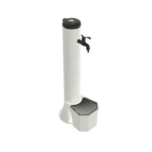 White Outdoor Fountain And Bucket With 5 Liters Capacity, Aluminum Leaf Catcher Grid Double Side And Bottom Water Connection. Made Of High Resistance Polyethylene Black Metal Alloy Tap With Garden Hose Quick Coupling