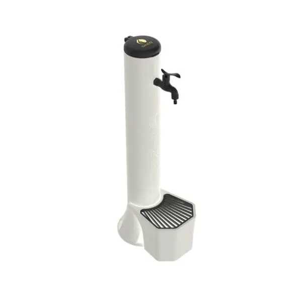 White Outdoor Fountain And Bucket With 5 Liters Capacity, Aluminum Leaf Catcher Grid Double Side And Bottom Water Connection. Made Of High Resistance Polyethylene Black Metal Alloy Tap With Garden Hose Quick Coupling