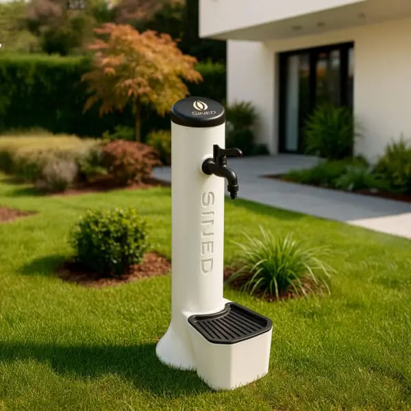 White Outdoor Fountain And Bucket With 5 Liters Capacity, Aluminum Leaf Catcher Grid Double Side And Bottom Water Connection. Made Of High Resistance Polyethylene Black Metal Alloy Tap With Garden Hose Quick Coupling - Image 9