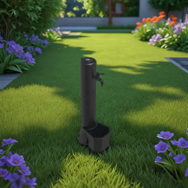 Black Outdoor Fountain And Bucket With 5 Liters Capacity, Aluminum Grid Leaf Catcher. Double Side And Bottom Water Connection. Made Of High Resistance Polyethylene. Black Metal Alloy Tap With Garden Hose Quick Coupling - Image 7