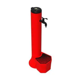 Red Outdoor Fountain And Bucket With 5 Liters Capacity, Aluminum Grid Leaf Catcher Double Side And Bottom Water Connection. Made Of High Resistance Polyethylene. Black Metal Alloy Tap With Garden Hose Quick Coupling