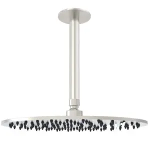 SINED LEVANTE Ceiling Shower Kit in 316L Stainless Steel. 24cm long arm and 30cm diameter shower head. Stainless Steel Finish. Indoor and Outdoor Installation. Elegant and Corrosion Resistant Design. For Modern and Nautical Environments.