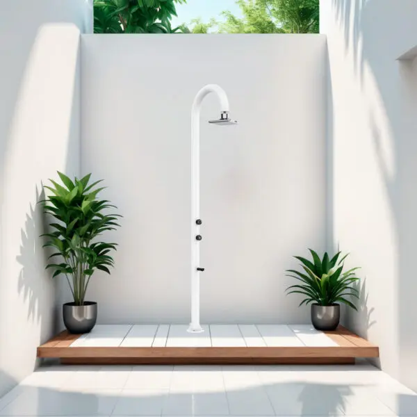 White Aluminum Sined Shower. Hot And Cold Water With Square Led Shower Head With Lcd Thermometer. Double Water Connection, Bottom And Side. Can Be Placed Outside Or Inside The House. Super Accessorized h 223,5 Cm. For Outdoors And Home. - Image 5