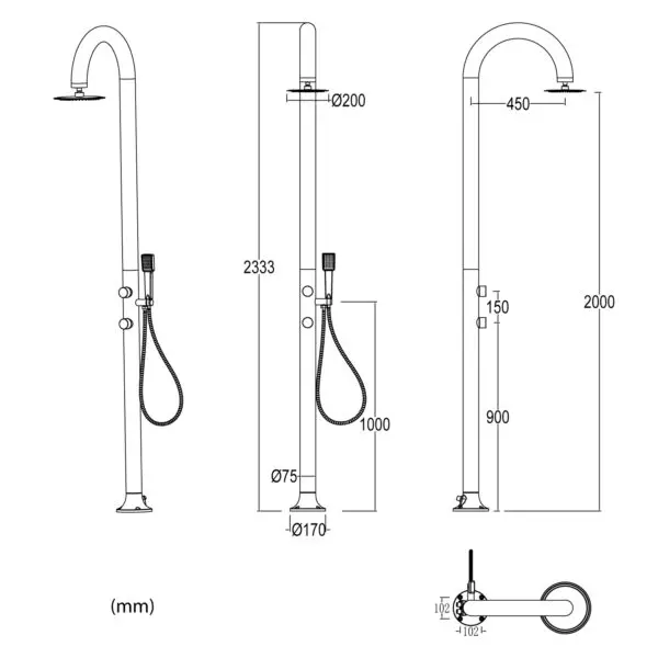 White Aluminum Luna Shower With Mobile Hot And Cold Water Hand Shower And Mixer, Round Shower Head Anti-limescale Nozzles. Double Water Connection, Bottom And Side. Ideal For All Outdoor Activities Or Placeable Inside The Home. - Image 5