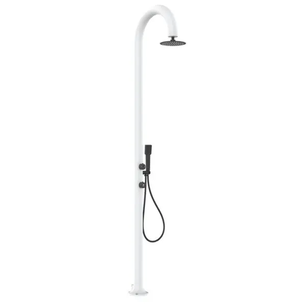 White Aluminum Luna Shower With Mobile Hot And Cold Water Hand Shower And Mixer, Round Shower Head Anti-limescale Nozzles. Double Water Connection, Bottom And Side. Ideal For All Outdoor Activities Or Placeable Inside The Home.