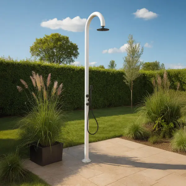 White Aluminum Luna Shower With Mobile Hot And Cold Water Hand Shower And Mixer, Round Shower Head Anti-limescale Nozzles. Double Water Connection, Bottom And Side. Ideal For All Outdoor Activities Or Placeable Inside The Home. - Image 6