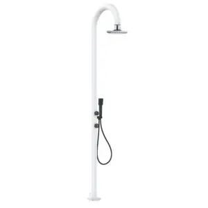 White Aluminum Sined Shower. Hot And Cold Water With Square I-switch Shower Head Lcd Thermometer And Hand Shower. Double Water Connection, Bottom And Side. Can Be Placed Outside Or Inside The House. Super Equipped, For Outdoors And Home.