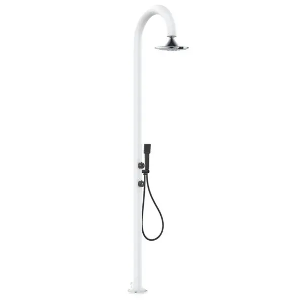 White Aluminum Sensor Shower With 3-jet Shower Head For Indoor And Outdoor Use. Double Water Connection, Lower And Side. Positionable Outside Or Inside The House. With Movable Hand Shower. For All Outdoor And Home Bathroom.