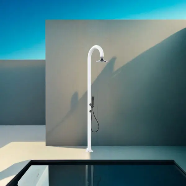 White Aluminum Sensor Shower With 3-jet Shower Head For Indoor And Outdoor Use. Double Water Connection, Lower And Side. Positionable Outside Or Inside The House. With Movable Hand Shower. For All Outdoor And Home Bathroom. - Image 5