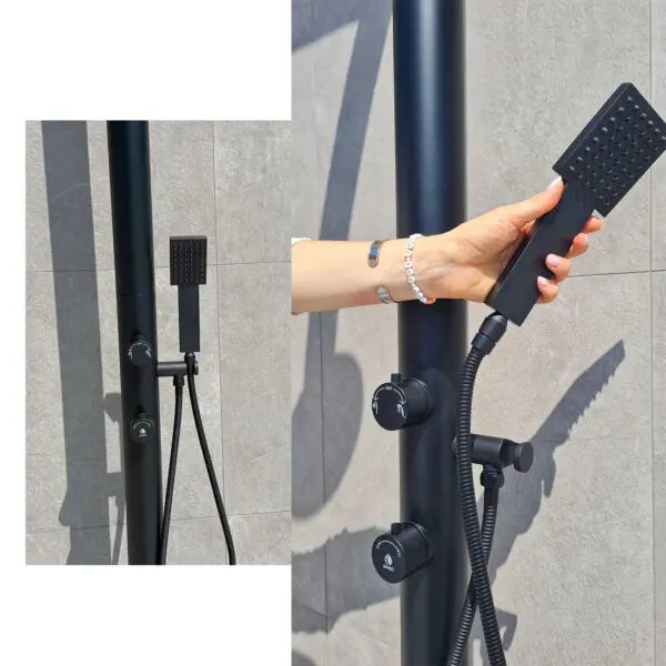 Black Aluminum Shower Sined. Hot And Cold Water With Square Lcd Shower Head And Useful Hand Shower. Double Water Connection, Bottom And Side. Can Be Placed Outside Or Inside The House. Super Accessorized h 223,5 Cm. For Outdoor And Indoor Use. - Image 4