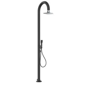Luna Black Shower In Aluminum Hot And Cold Water Sined. With Temperature And Footwash Mixer, Led Shower Head And Hand Shower. Dual Water Connection, Bottom And Side, Installable Both Internally And Externally To The Home.