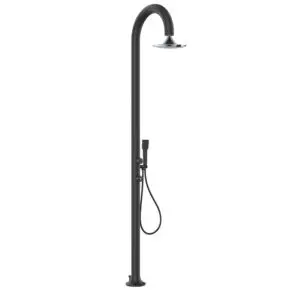Black Aluminum Sensor Shower With 3-jet Shower Head For Indoor And Outdoor Use. Double Water Connection, Lower And Side. Can Be Positioned Outside Or Inside The House. With Movable Hand Shower. For All Outdoor And Home Bathroom.