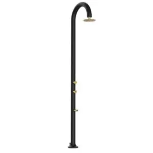 Elegant Black And Gold Aluminum Shower, Designed With Circular Shower Head And Anti-limescale Nozzles For An Unparalleled Hot Or Cold Water Experience. With Dual Water Connections, It Is Perfectly Suited For Both Indoor And Outdoor Spaces In The Home.