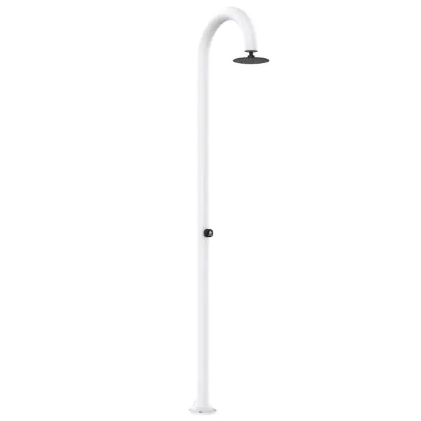 White Aluminum Timed Shower. Cold Water Only, Mixer That Regulates Water Flow. Double Cold Water Only Connection On Single Inner Pipe, Bottom And Side For Outdoor Or Indoor Housing. For Large Workloads