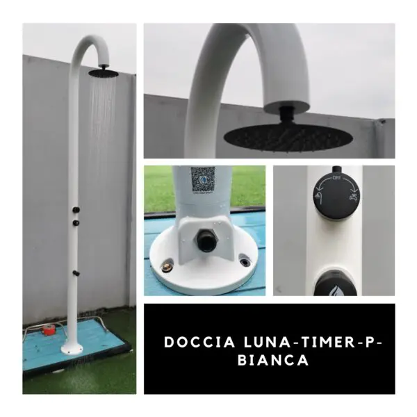 White Aluminum Timed Shower. Dispenses Cold Water Only, With Flow Regulating Mixer And Foot Wash. Dual Water Connection, Under And Side On Single Inner Hose. For Indoor And Outdoor Use. Intensive Use And Great Water Saving. - Image 4
