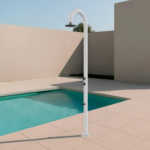 White Aluminum Timed Shower. Dispenses Cold Water Only, With Flow Regulating Mixer And Foot Wash. Dual Water Connection, Under And Side On Single Inner Hose. For Indoor And Outdoor Use. Intensive Use And Great Water Saving. - Image 5