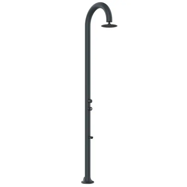 Gray Aluminum Shower With Timer. Cold Water Only, Mixer For Flow Control And Foot Wash Function. Dual Water Inlet, Low And Side On Single Inner Pipe For Indoor And Outdoor Use. For Frequent Use, With Great Water Saving