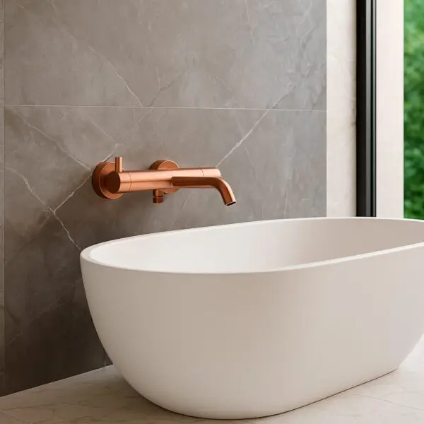 SINED LEVANTE wall-mounted bathtub mixer made of 316L stainless steel. Temperature and water outlet mixer. Suitable for indoor and outdoor use. Spout or hand shower. Rose Gold PVD finish. Corrosion-resistant, ideal for outdoor use. - Image 2