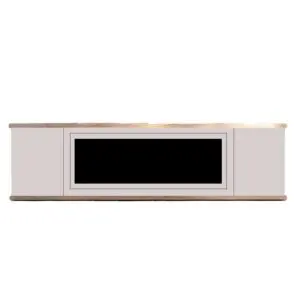 Grey Wood Cabinet For Fireplace, Prepared For Electric Insert Sined Ispica 108, Frame And Doors Finish In Sian Grey, Top And Base In Oak. Versatile Design To Furnish Any Interior Home Industrial Or Commercial Environment.